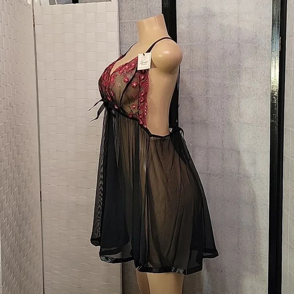 BRAND NEW SPREE INTIMATES BABYDOLL LINGERIE WOMEN WIDE STRAP HALTER NIG…